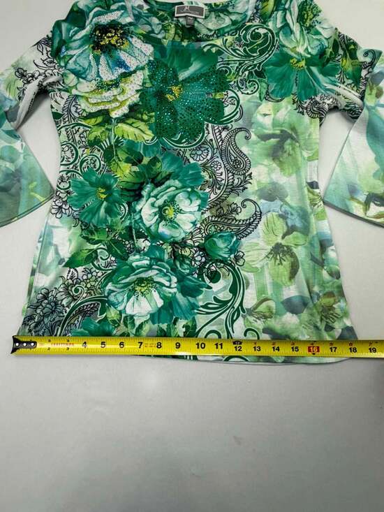 JM Collection Petite Green Floral Rhinestone Embellished 3/4 Sleeve Top - Picture 8 of 10